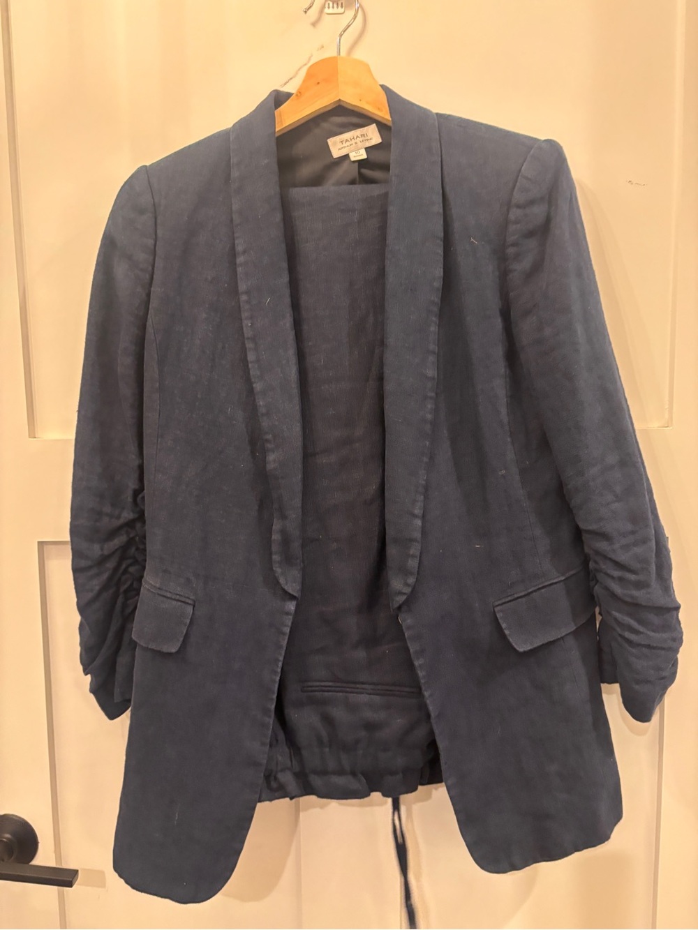 Tahari Navy Blue Linen Open Blazer